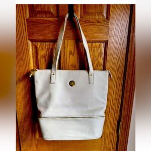 JOY Mangano Smart Chic pebbled Leather Double Decker Tote Taupe Purse Handbag